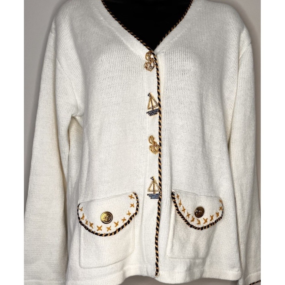 Storybook Knits Nautical Ramie Cotton Cardigan Sweater Anchor Sailboat Women S